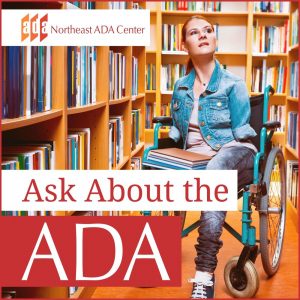 Image of a woman in a wheelchair sitting between library bookshelves, the main image for the Ask About the ADA Podcast