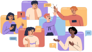 An illustration of 6 people in a virtual meeting. They are seen coming out of their screens and interacting with each other.